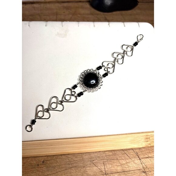Silver & Black Stone Heart Link Bracelet With Box - Picture 5 of 9